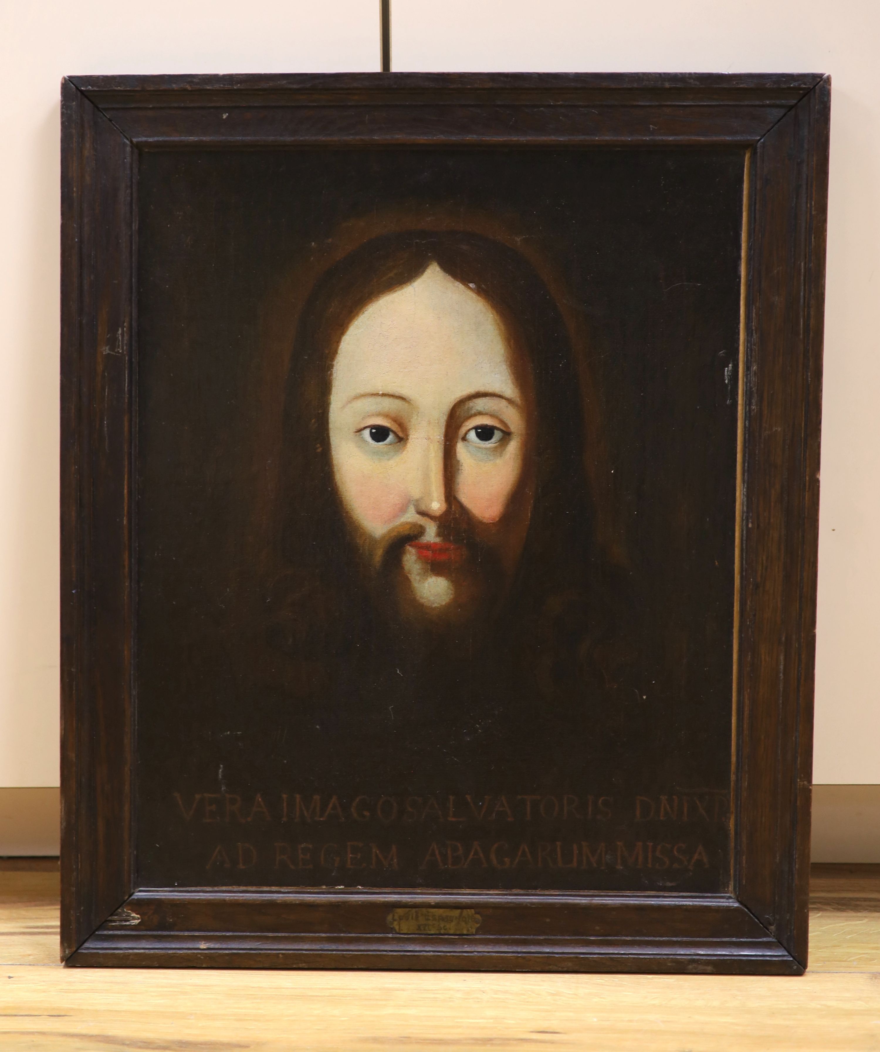 17th century Spanish School. head of Christ, oil on canvas, inscribed, 20